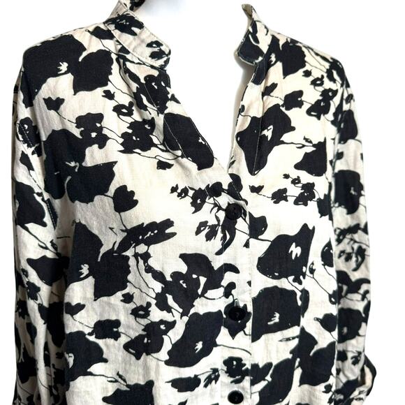 CAROLE LITTLE Women's XL Vintage‎ 100% Linen Cream Black Floral Button Up Shirt - Picture 1 of 8